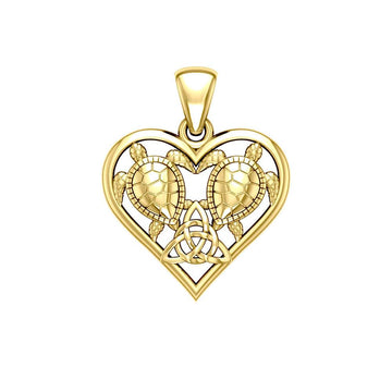 14K Yellow Gold Sea Turtles with Celtic Triquetra in Heart Pendant GPD5211 - Jewelry